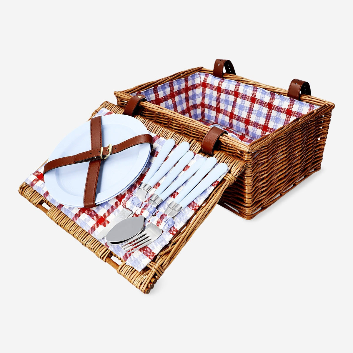 ZORMY Wicker Basket for 2 Person Wicker Basket Sets with Insulated Compartment, Handmade Picnic Basket for 2 People, Classic Red Check with Utensils, Cutlery, Perfect for Picnic, Camping