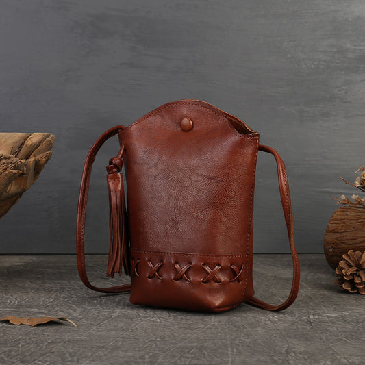 New Genuine Leather Women's Bag Retro First-Layer Cowhide Woven Mobile Phone Bag Mini Crossbody Shoulder Casual Tassel Bucket Bag